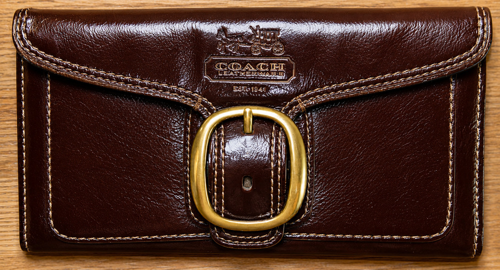 COACH Bleecker Tattersall Vintage Buckle Flap Brown Leather Wallet - Picture 12 of 16